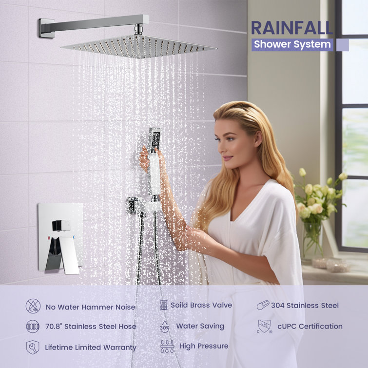 Chrome Square Multi-Head Rain Shower System with Handheld
