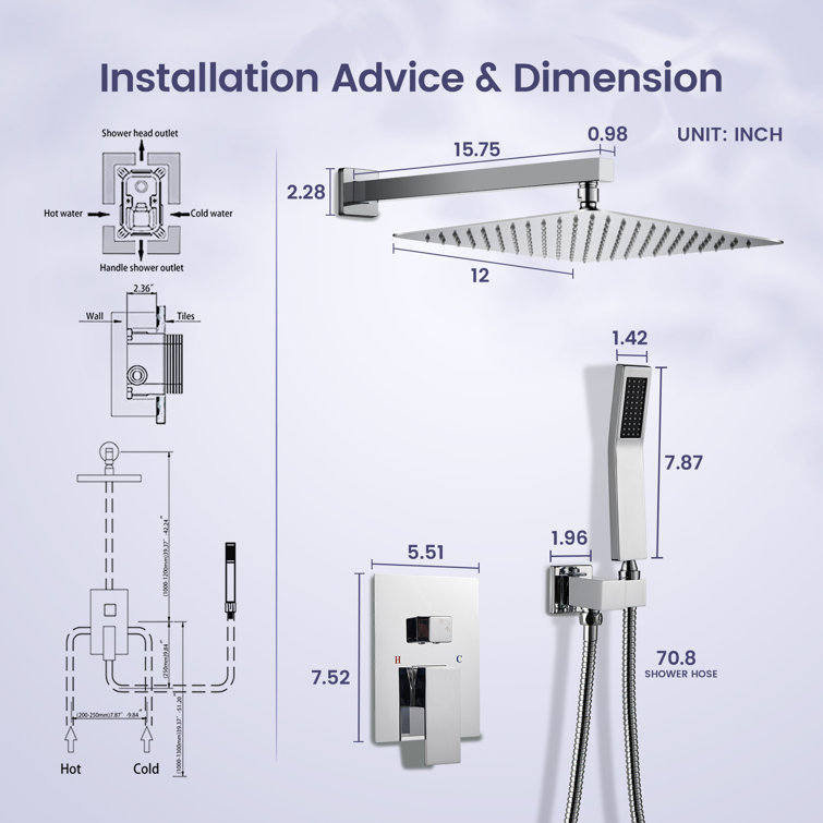 Chrome Square Multi-Head Rain Shower System with Handheld