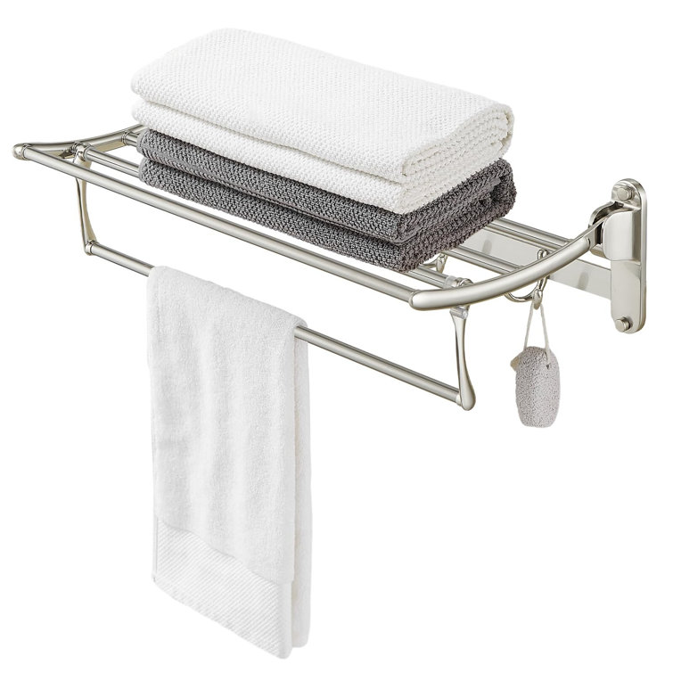 24 Inch Brushed Nickel Wall Mounted Foldable Towel Rack with Hooks