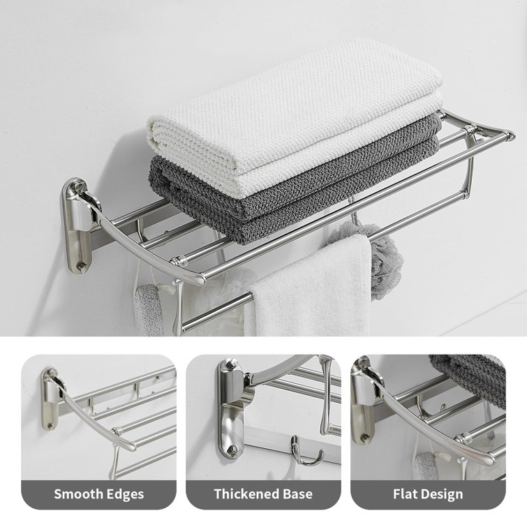 24 Inch Brushed Nickel Wall Mounted Foldable Towel Rack with Hooks