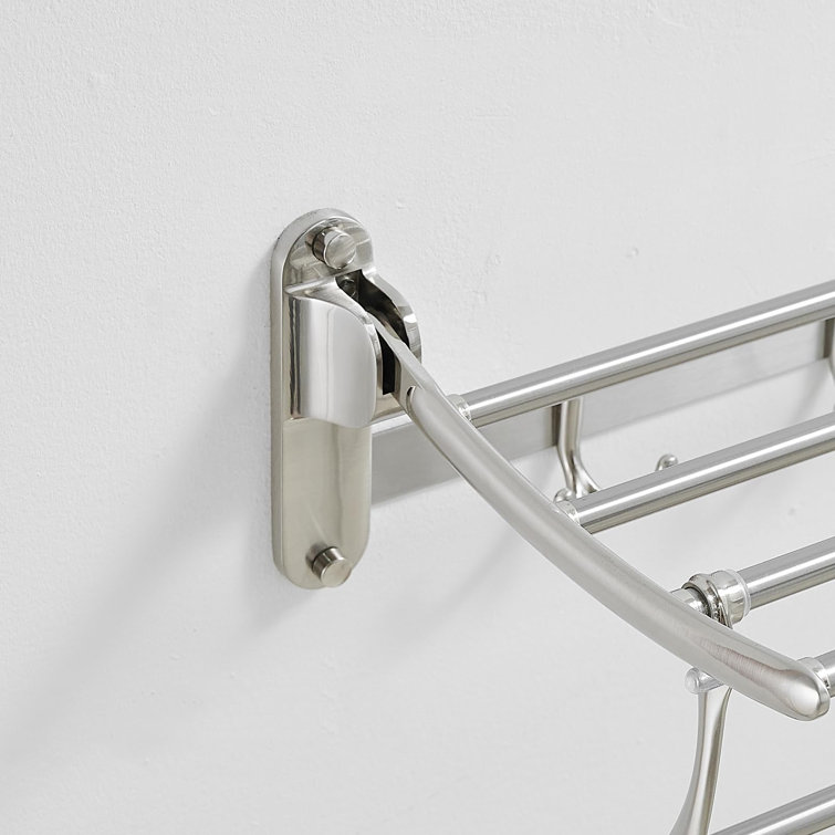 24 Inch Brushed Nickel Wall Mounted Foldable Towel Rack with Hooks