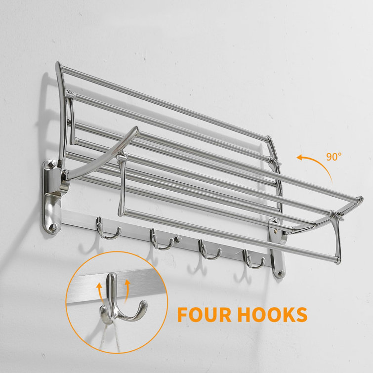 24 Inch Brushed Nickel Wall Mounted Foldable Towel Rack with Hooks