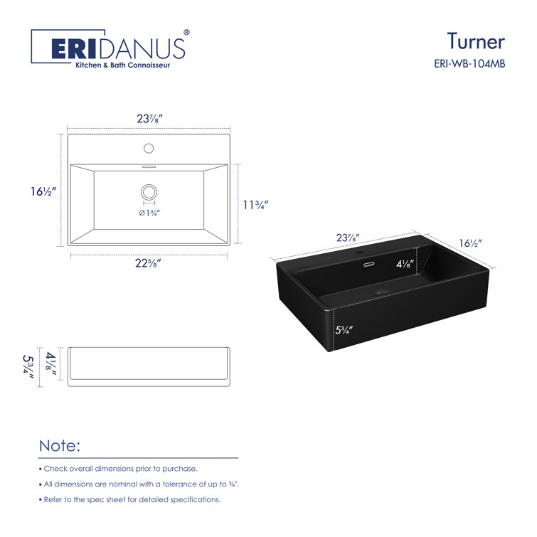 Turner Matte Black Ceramic Wall-Mount Rectangular Bathroom Sink
