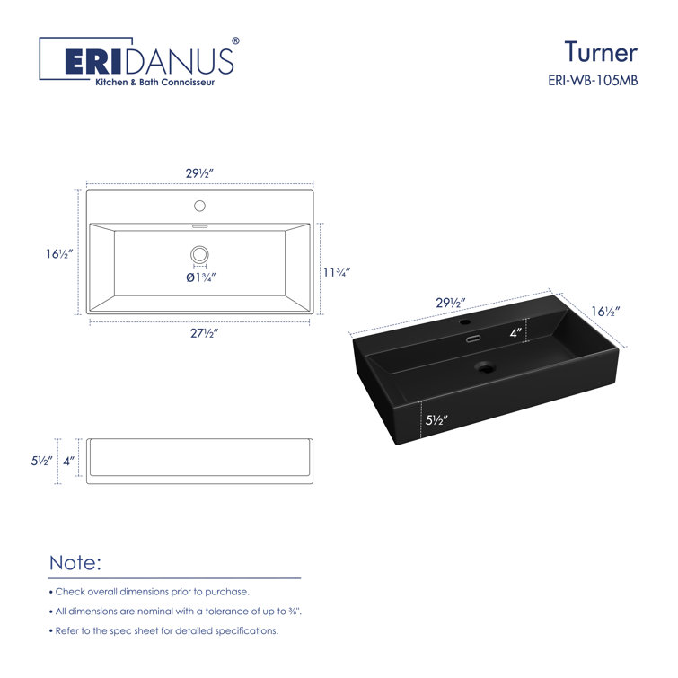 Turner 30" Matte Black Ceramic Wall-Mount Bathroom Sink