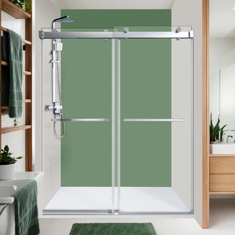 Brushed Gold Frameless Double Sliding Shower Door with Clear Tempered Glass