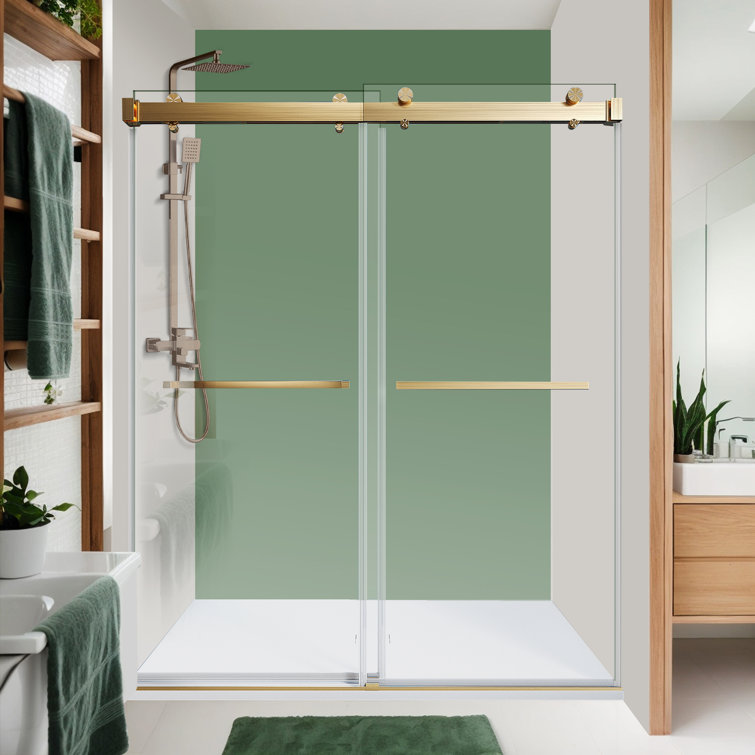 Brushed Gold Frameless Double Sliding Shower Door with Clear Tempered Glass