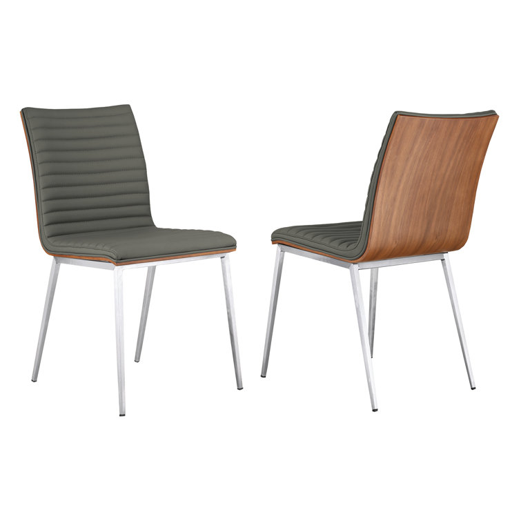 Gray Faux Leather Upholstered Side Chair with Walnut Back and Metal Legs