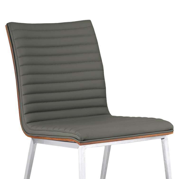 Gray Faux Leather Upholstered Side Chair with Walnut Back and Metal Legs