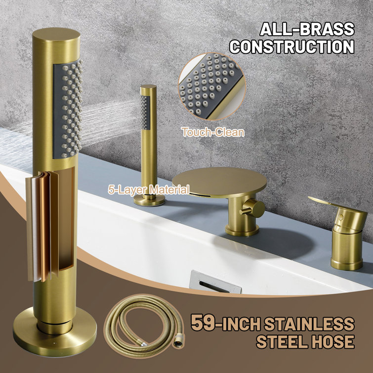 Brushed Gold Solid Brass Deck-Mounted Roman Tub Faucet with Hand Shower