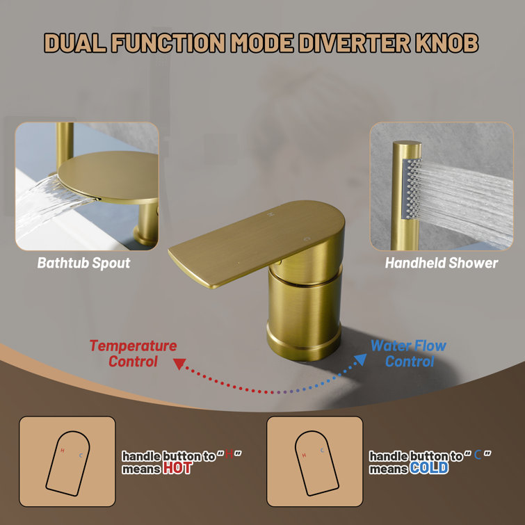 Brushed Gold Solid Brass Deck-Mounted Roman Tub Faucet with Hand Shower