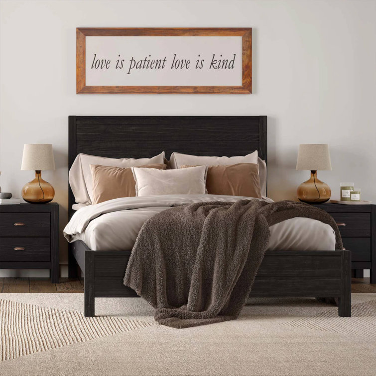 Farmhouse Black Pine Wood Queen Bed with Headboard and Drawer
