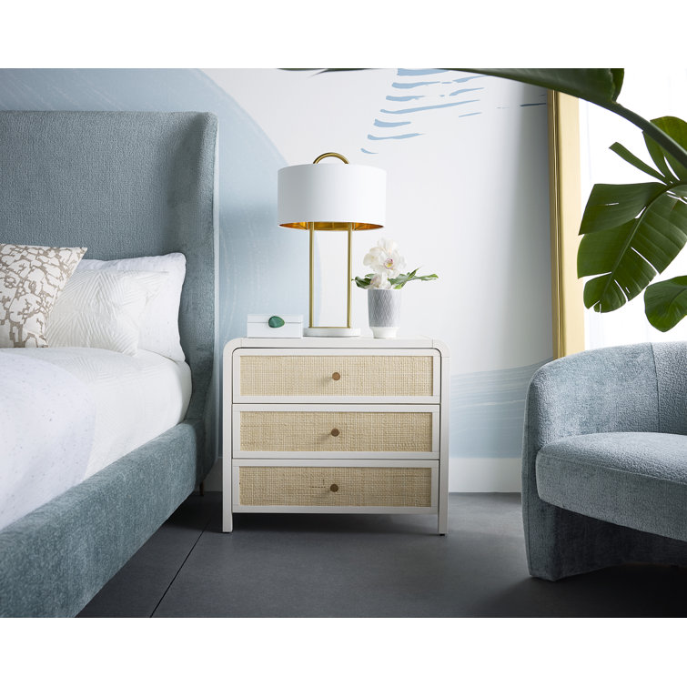 White and Rattan 3-Drawer Nightstand with Copper Hardware