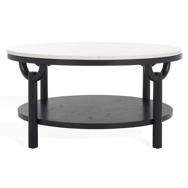 35" Elm Wood & White Marble Round Coffee Table with Storage