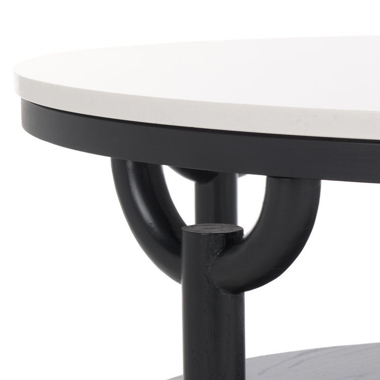 35" Elm Wood & White Marble Round Coffee Table with Storage