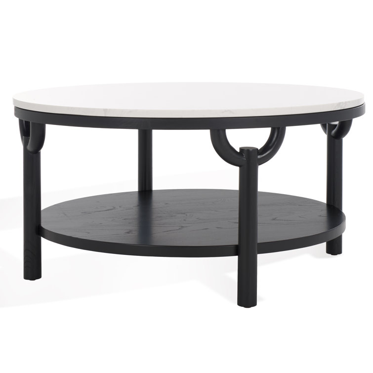 35" Elm Wood & White Marble Round Coffee Table with Storage