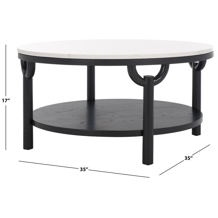 35" Elm Wood & White Marble Round Coffee Table with Storage