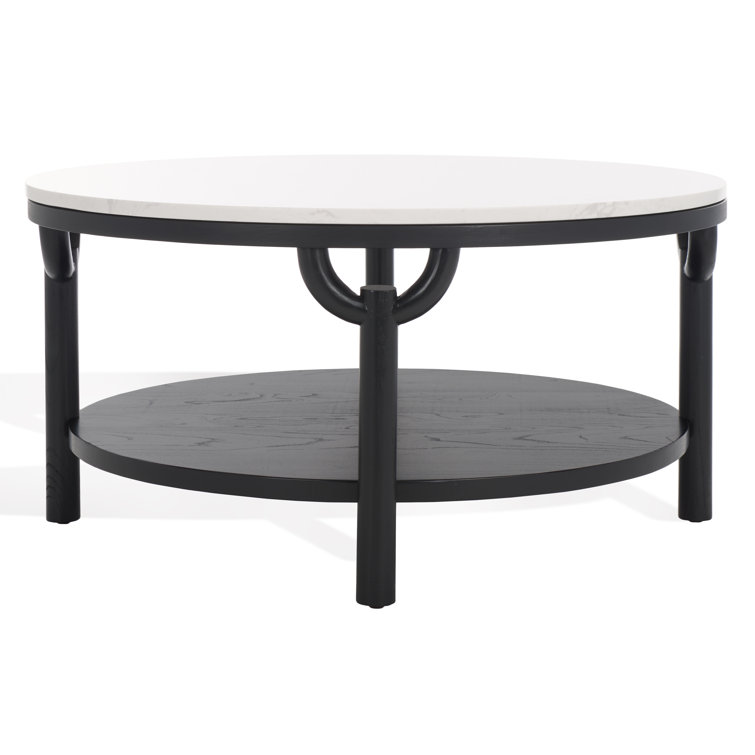 35" Elm Wood & White Marble Round Coffee Table with Storage