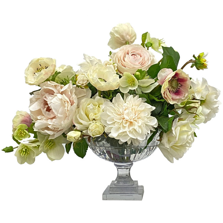 Luxurious Faux Peony and Rose Arrangement in Cut Glass Bowl