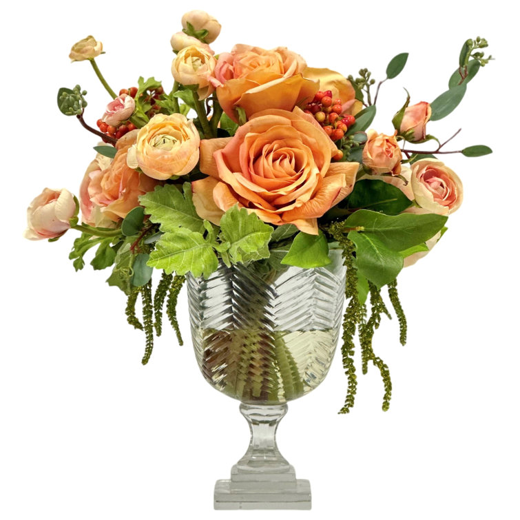 Elegant Orange Rose and Ranunculus Faux Arrangement in Glass Vase