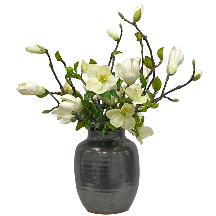 19-Inch White Magnolia and Green Berry Arrangement in Terracotta Pot