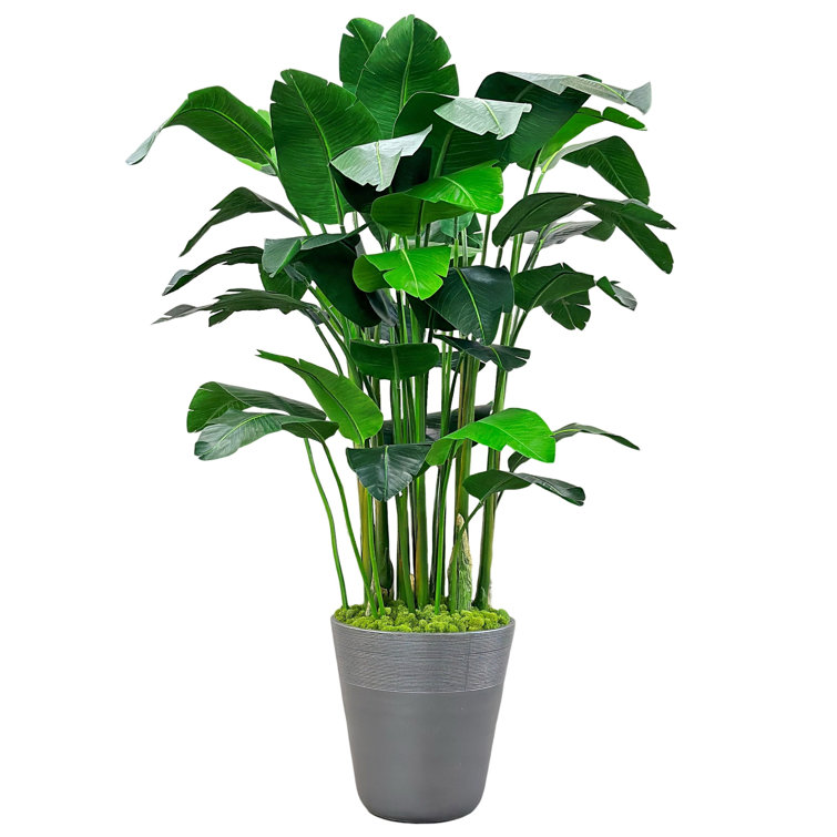Tall Green Artificial Banana Palm in Gray Planter