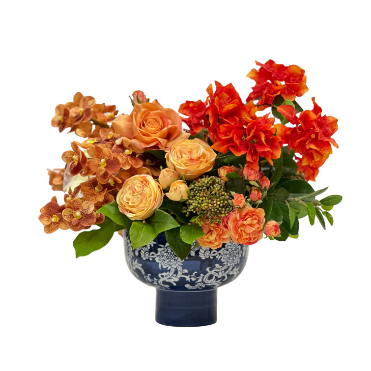 Dusty Coral and Orange Faux Floral Arrangement in Porcelain Pot