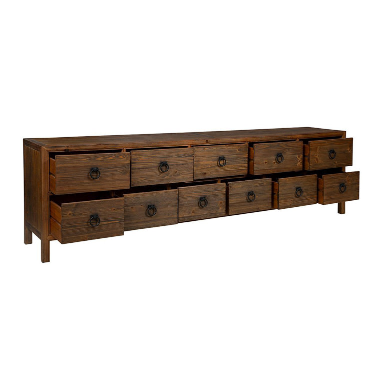 Hewitt 114" Wide Dark Brown Pine Drawer Bank with Black Hardware