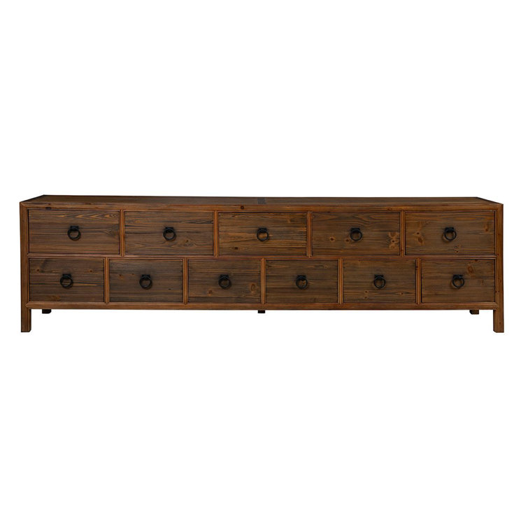 Hewitt 114" Wide Dark Brown Pine Drawer Bank with Black Hardware