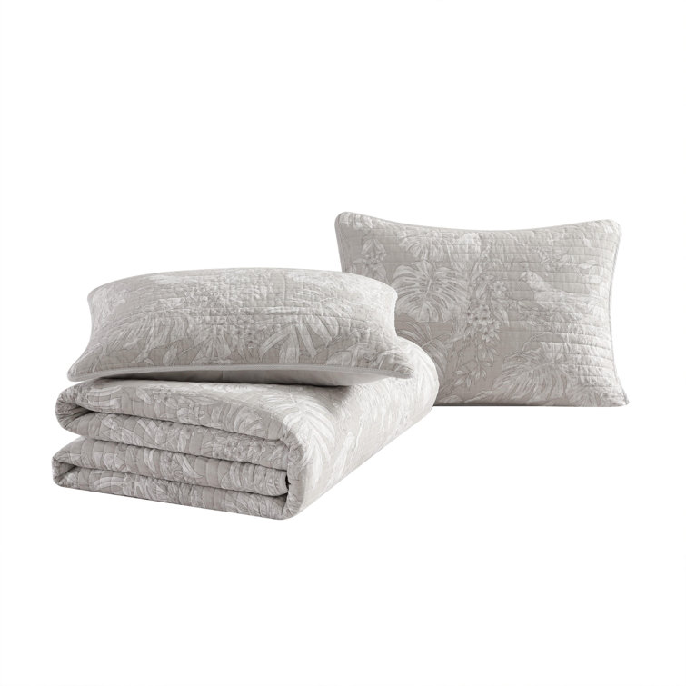 Gray Twin Cotton Reversible Quilt Set with Plant Motif