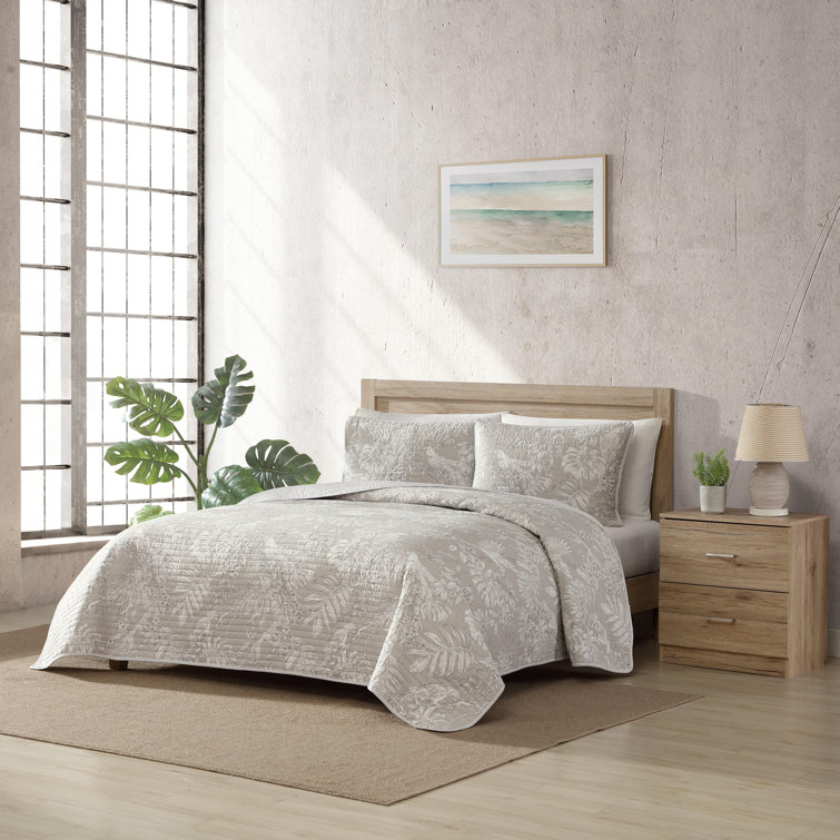 Gray Twin Cotton Reversible Quilt Set with Plant Motif