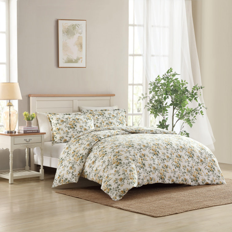 Gold and Green Cotton Floral Full/Queen Duvet Cover Set