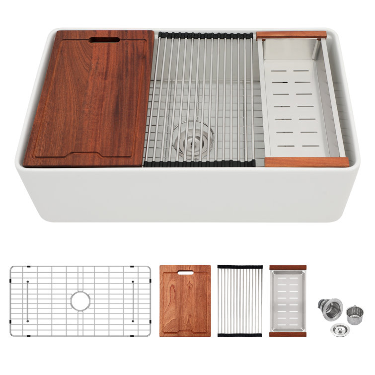 33'' White Ceramic Farmhouse Workstation Kitchen Sink with Accessories