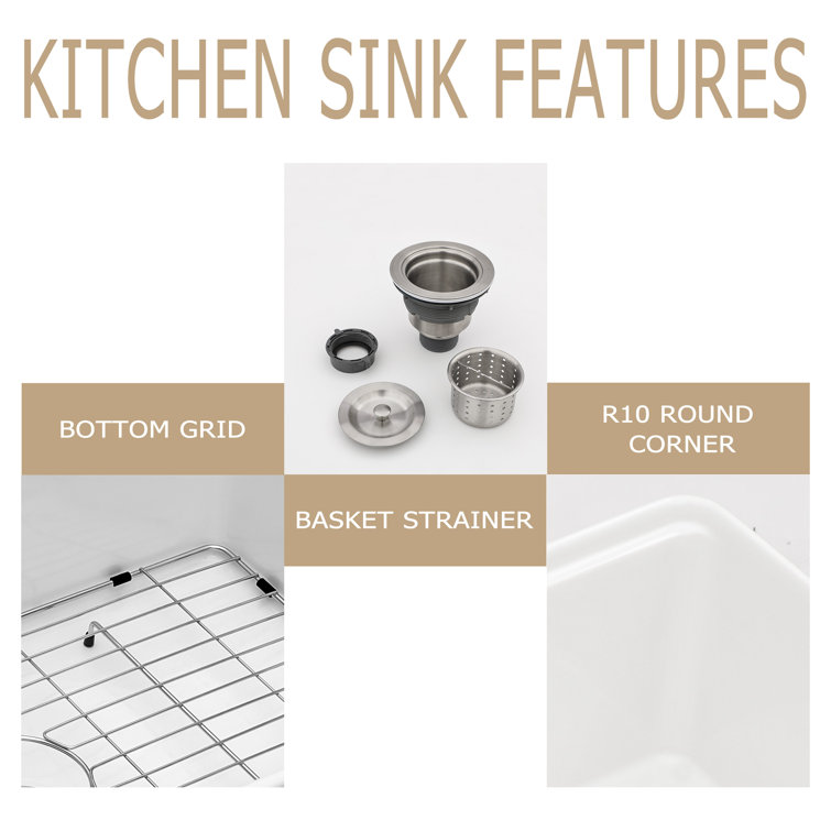 33'' White Ceramic Farmhouse Workstation Kitchen Sink with Accessories