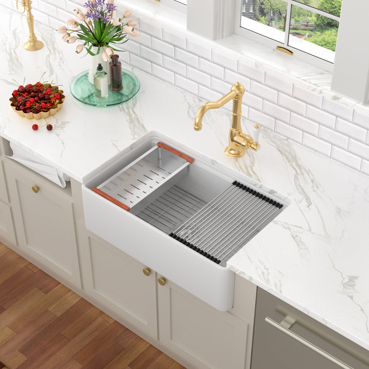 33'' White Ceramic Farmhouse Workstation Kitchen Sink with Accessories