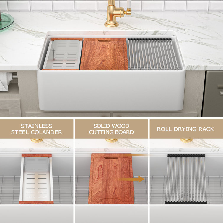 33'' White Ceramic Farmhouse Workstation Kitchen Sink with Accessories