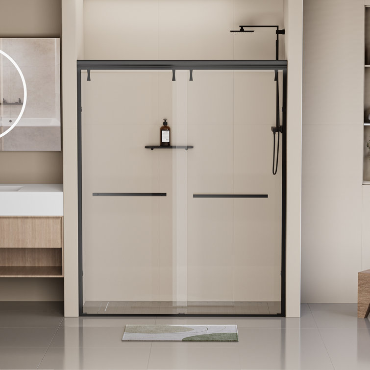 Matte Black Semi-Frameless Double Sliding Shower Door with Clear Tempered Glass