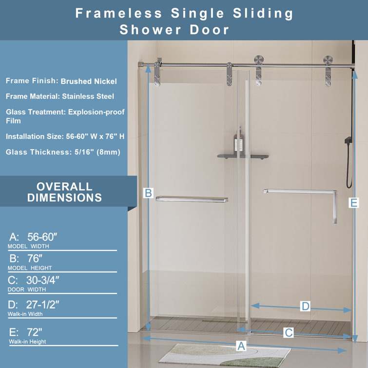 Frameless Brushed Nickel Sliding Shower Door with Clear Tempered Glass