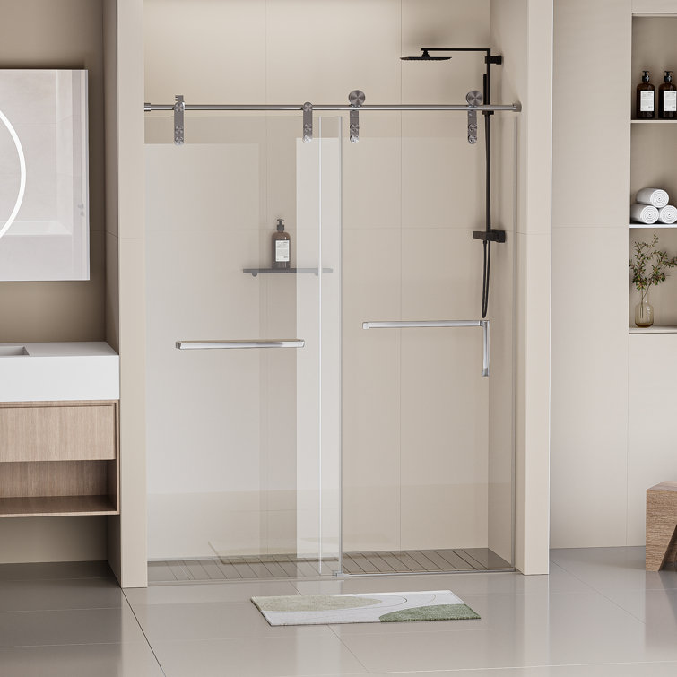 Frameless Brushed Nickel Sliding Shower Door with Clear Tempered Glass