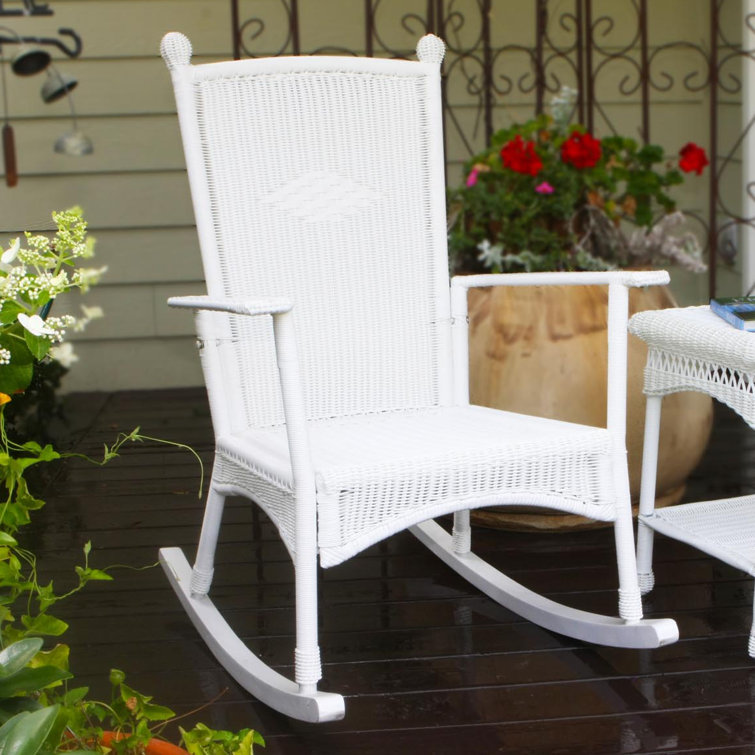 Portside Coastal White Wicker Rocking Chair with Navy Cushion