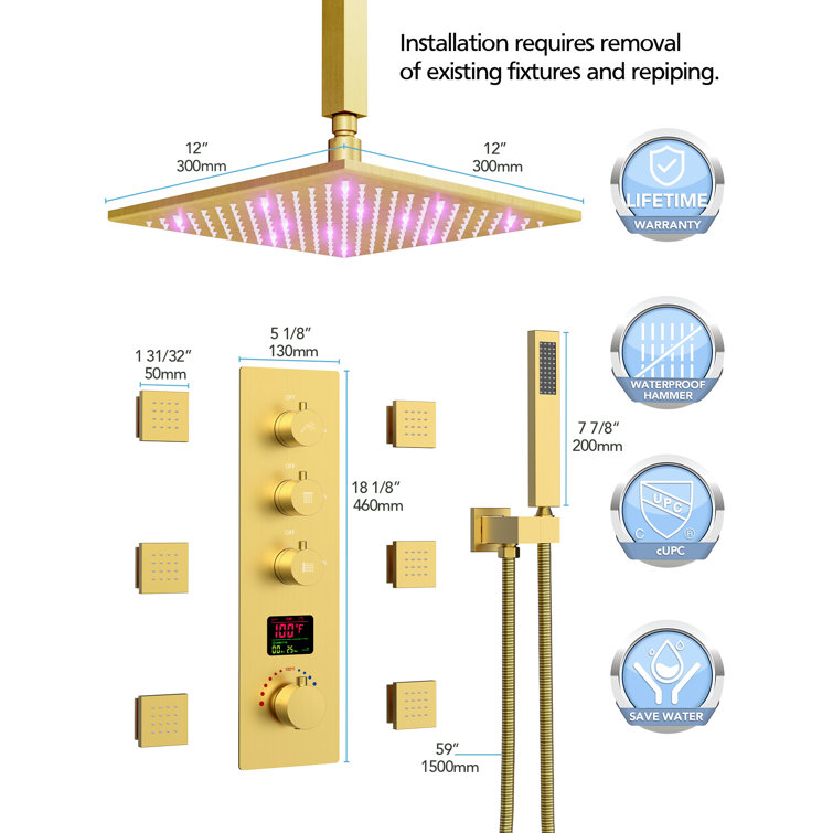 Brushed Gold 12" LED Ceiling Mounted Shower System with Digital Display