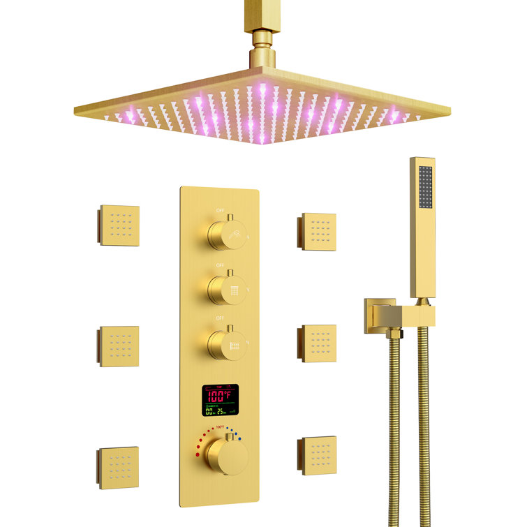 Brushed Gold 12" LED Ceiling Mounted Shower System with Digital Display