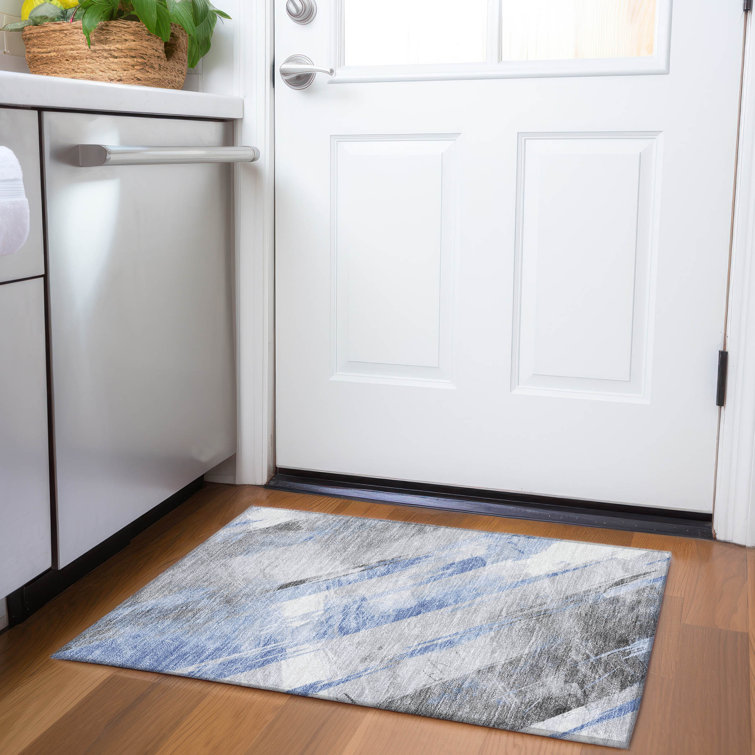 Sky Blue and White Striped Synthetic Washable Rug 20" x 30"