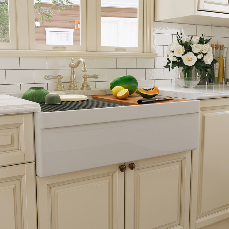 33" White Fireclay Double Bowl Farmhouse Kitchen Sink with Accessories