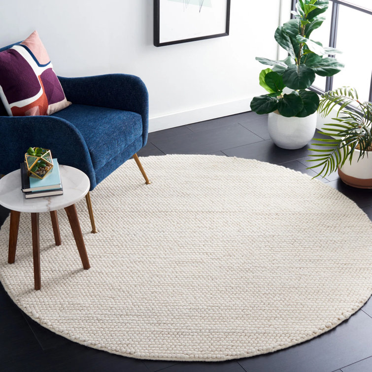 Ivory Round Flat Woven Wool and Cotton Rug