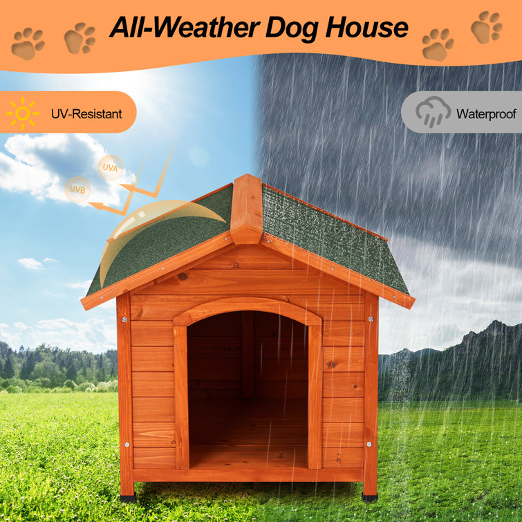 Medium Orange Cedar Wood Dog House with Green Asphalt Roof