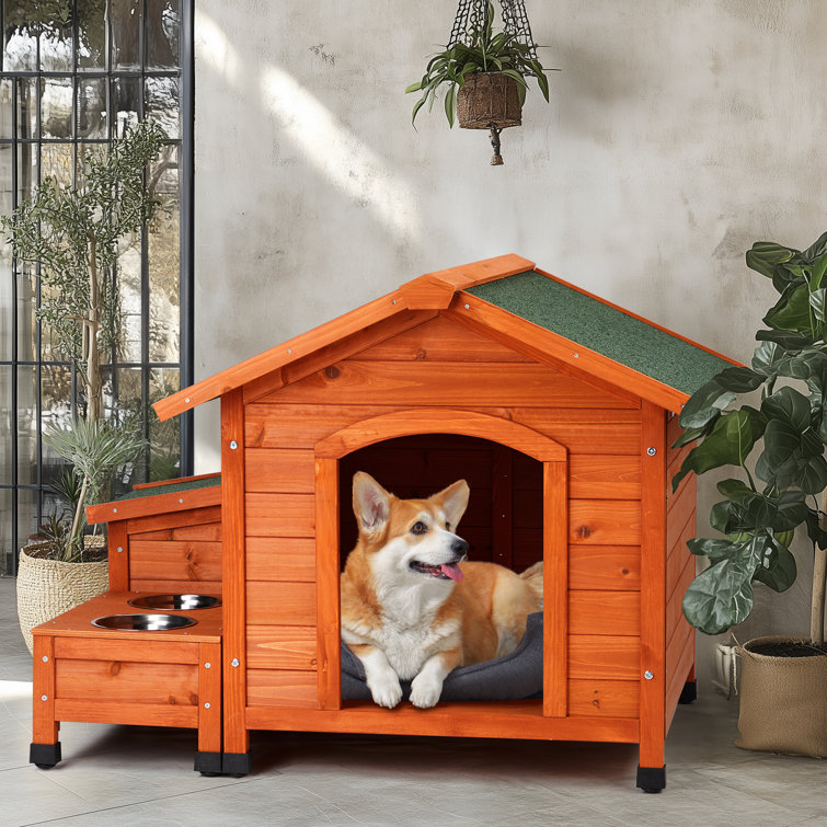 Medium Orange Cedar Wood Dog House with Green Asphalt Roof