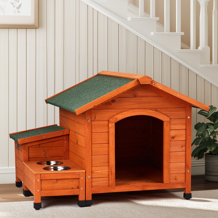 Medium Orange Cedar Wood Dog House with Green Asphalt Roof