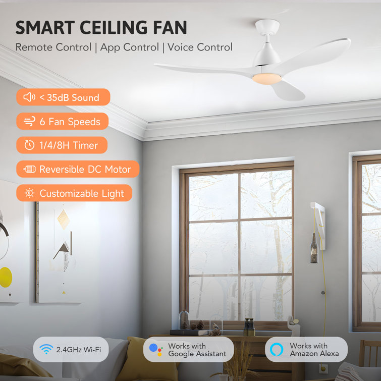 White 52" Modern LED Ceiling Fan with Remote and Wood Blades