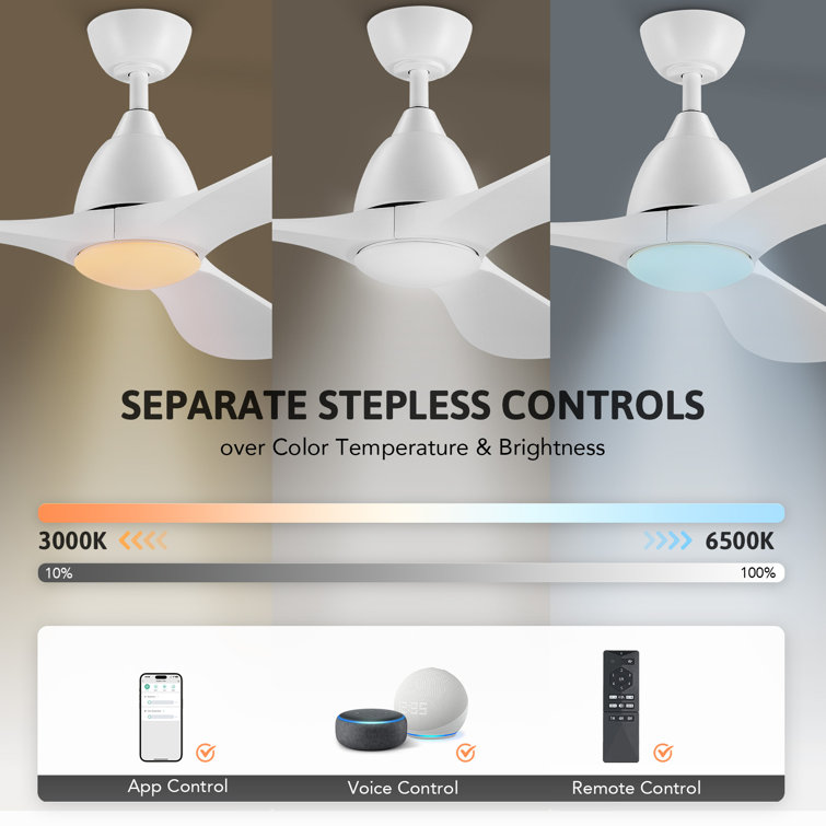 White 52" Modern LED Ceiling Fan with Remote and Wood Blades