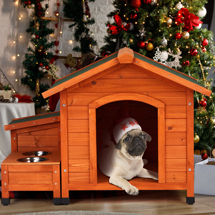 Medium Orange Cedar Wood Dog House with Green Asphalt Roof